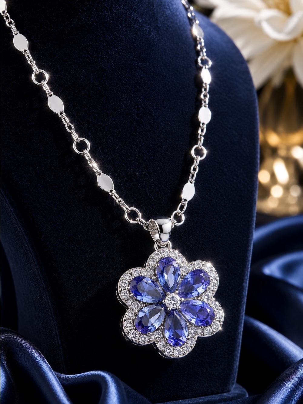 Silver Necklace with Blue Floral Pendant - Picture 3 of 6